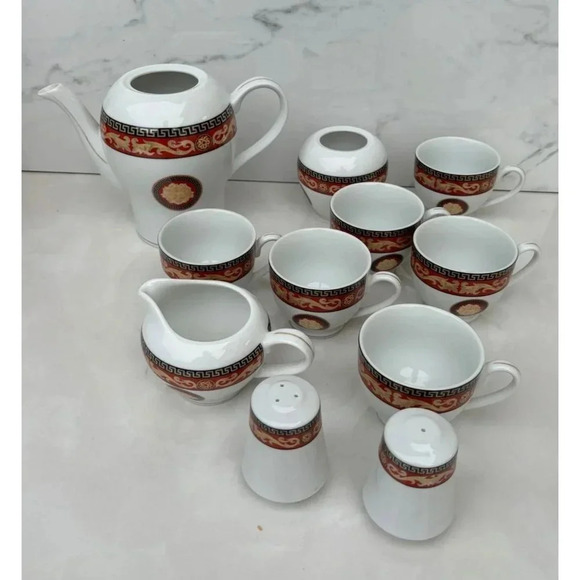 Vintage Fine Porcelain Casa Elite Home Collections Versace Style Medusa Red 11Pc - Picture 1 of 15